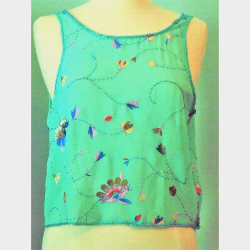 Vtg Y2K New Boho Aqua Beaded Floral Embroidered Festival Party Tank Crop Top M/L